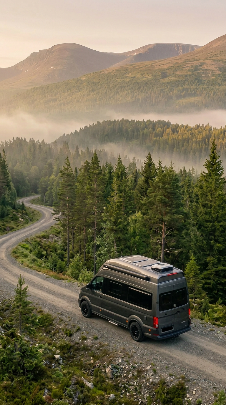 Premium camper van at a Norwegian fjord at dawn
